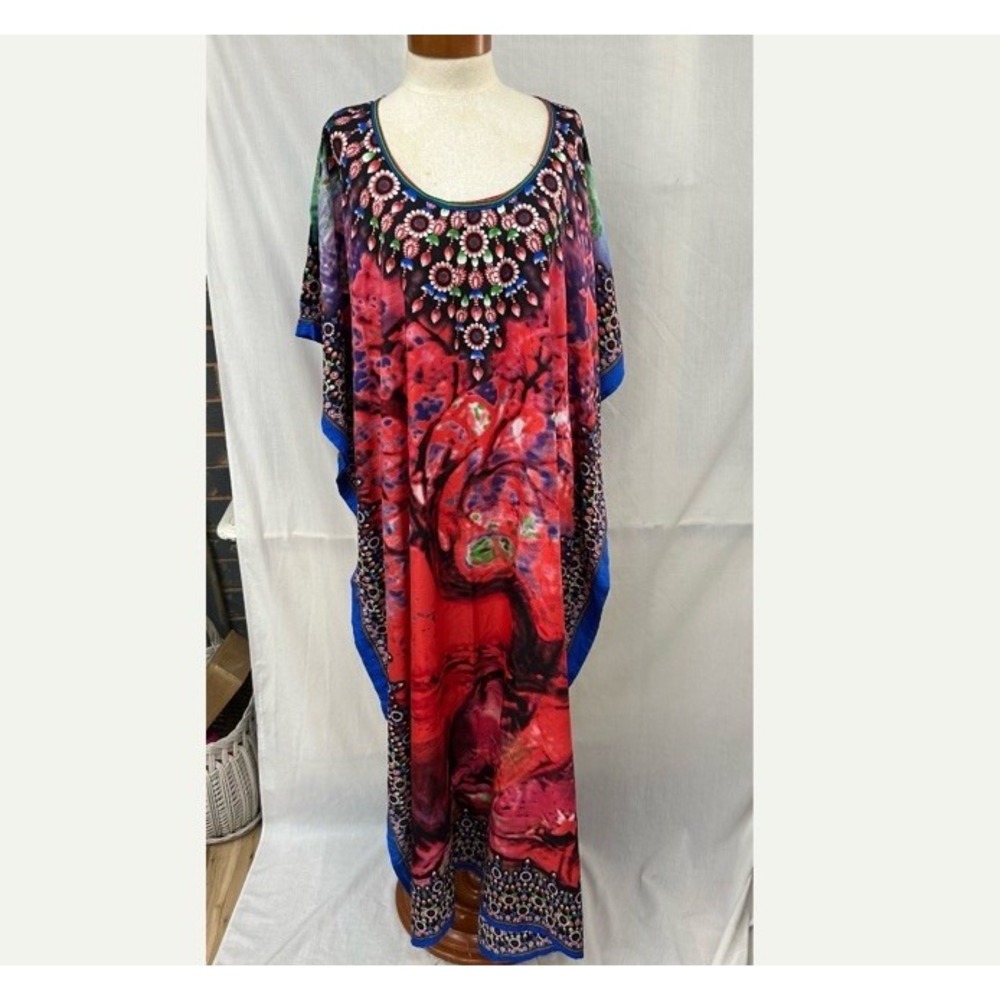 Winlar One Size Long Caftan Red Blue Geometric Print V Neck Resort Maxi India OS